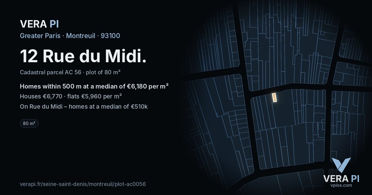 12 Rue du Midi, Montreuil at night – the plot lit, the parcels around coloured by the prices near them