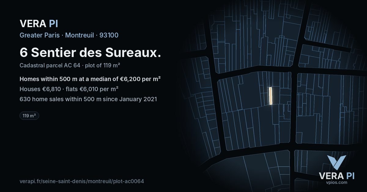 6 Sentier des Sureaux, Montreuil at night – the plot lit, the parcels around coloured by the prices near them