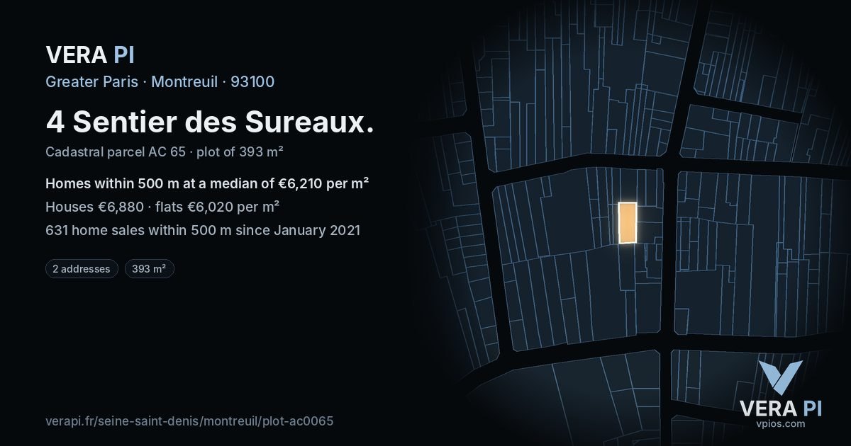 4 Sentier des Sureaux, Montreuil at night – the plot lit, the parcels around coloured by the prices near them