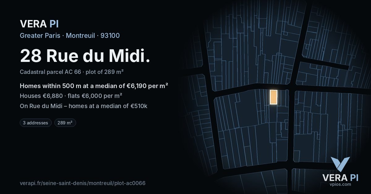 28 Rue du Midi, Montreuil at night – the plot lit, the parcels around coloured by the prices near them