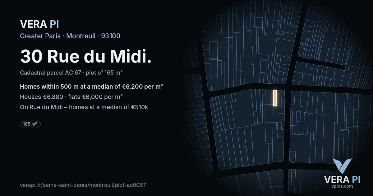 30 Rue du Midi, Montreuil at night – the plot lit, the parcels around coloured by the prices near them