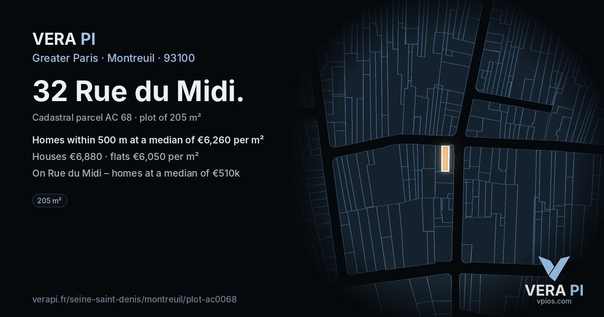 32 Rue du Midi, Montreuil at night – the plot lit, the parcels around coloured by the prices near them