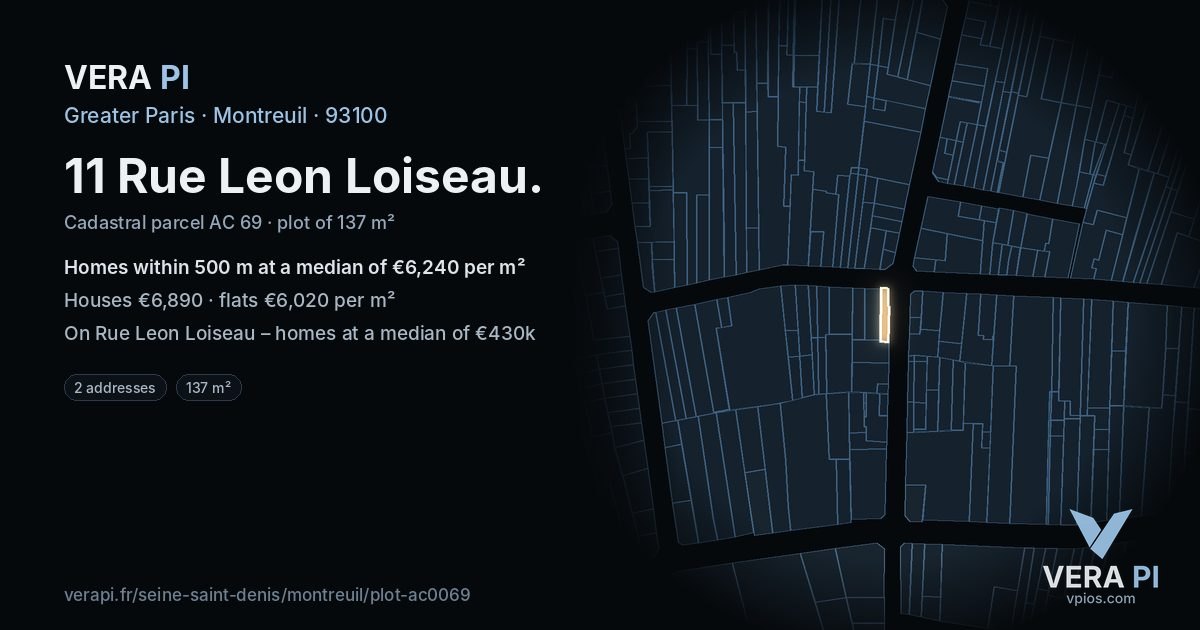 11 Rue Leon Loiseau, Montreuil at night – the plot lit, the parcels around coloured by the prices near them