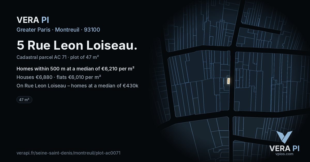 5 Rue Leon Loiseau, Montreuil at night – the plot lit, the parcels around coloured by the prices near them