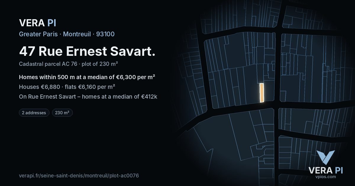 47 Rue Ernest Savart, Montreuil at night – the plot lit, the parcels around coloured by the prices near them