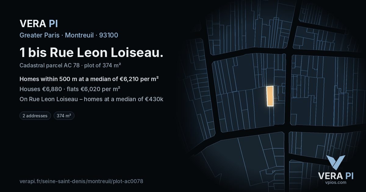 1 bis Rue Leon Loiseau, Montreuil at night – the plot lit, the parcels around coloured by the prices near them