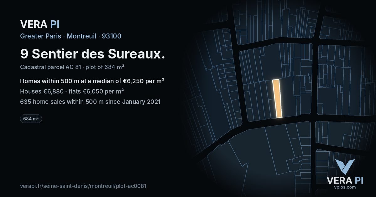 9 Sentier des Sureaux, Montreuil at night – the plot lit, the parcels around coloured by the prices near them