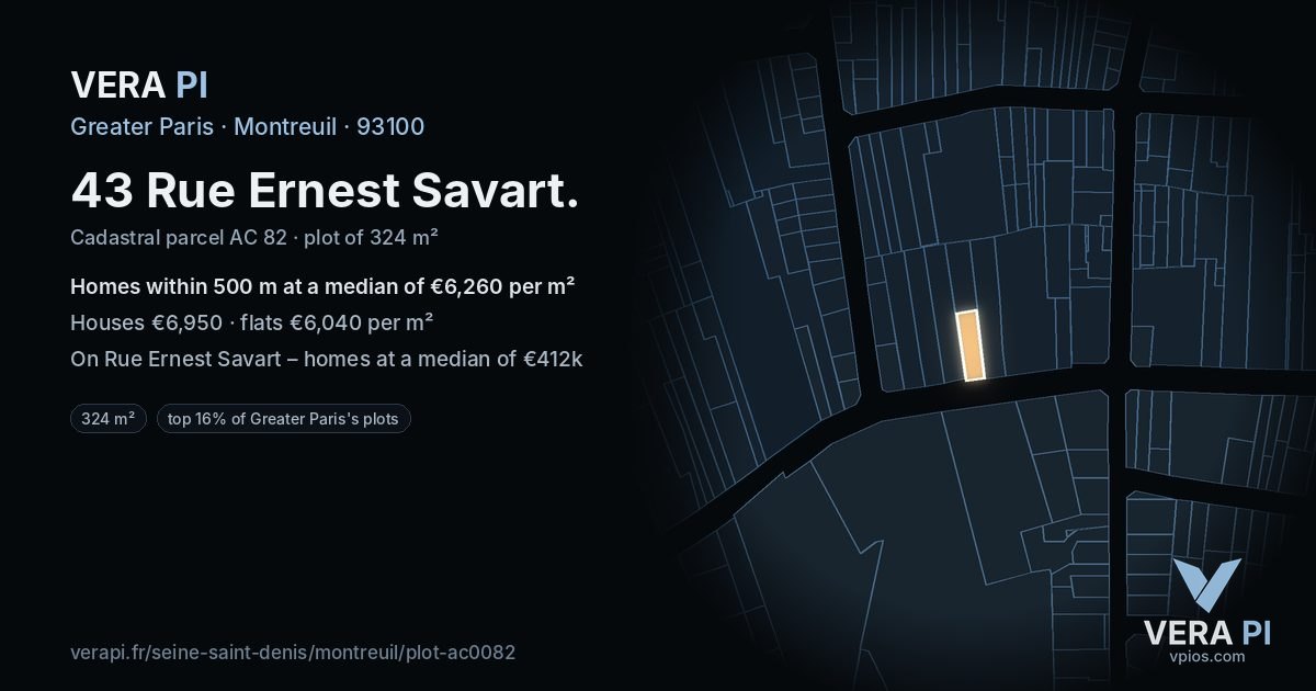 43 Rue Ernest Savart, Montreuil at night – the plot lit, the parcels around coloured by the prices near them