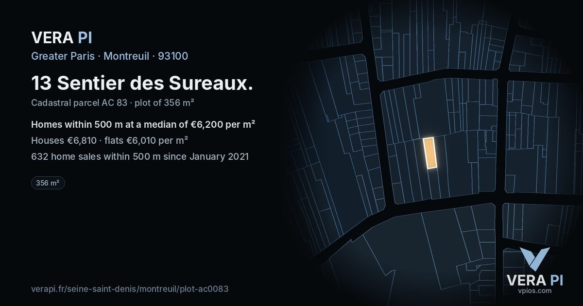 13 Sentier des Sureaux, Montreuil at night – the plot lit, the parcels around coloured by the prices near them