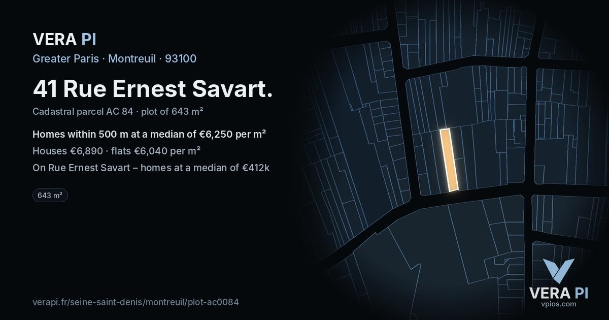 41 Rue Ernest Savart, Montreuil at night – the plot lit, the parcels around coloured by the prices near them