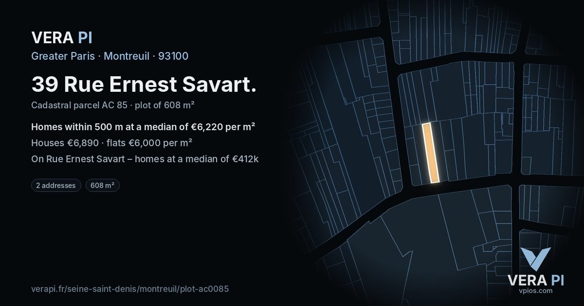 39 Rue Ernest Savart, Montreuil at night – the plot lit, the parcels around coloured by the prices near them