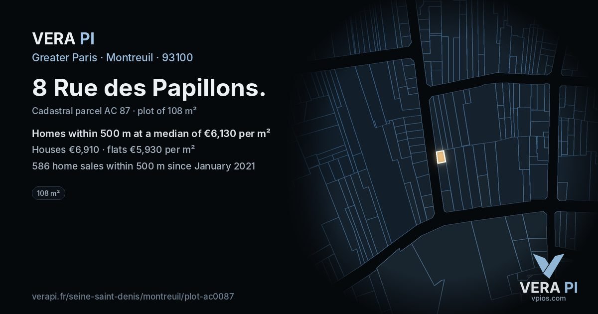 8 Rue des Papillons, Montreuil at night – the plot lit, the parcels around coloured by the prices near them