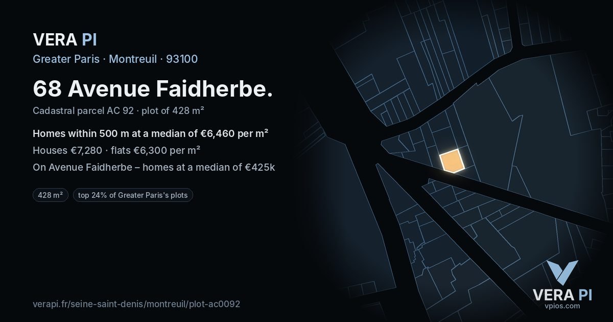 68 Avenue Faidherbe, Montreuil at night – the plot lit, the parcels around coloured by the prices near them
