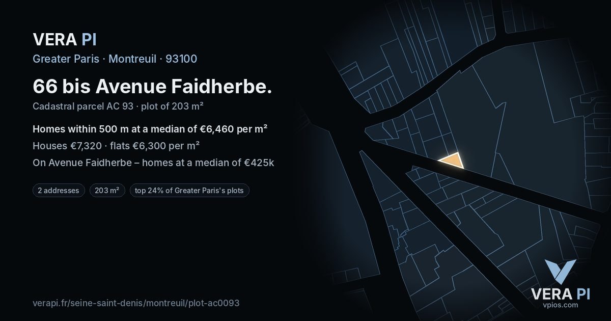 66 bis Avenue Faidherbe, Montreuil at night – the plot lit, the parcels around coloured by the prices near them