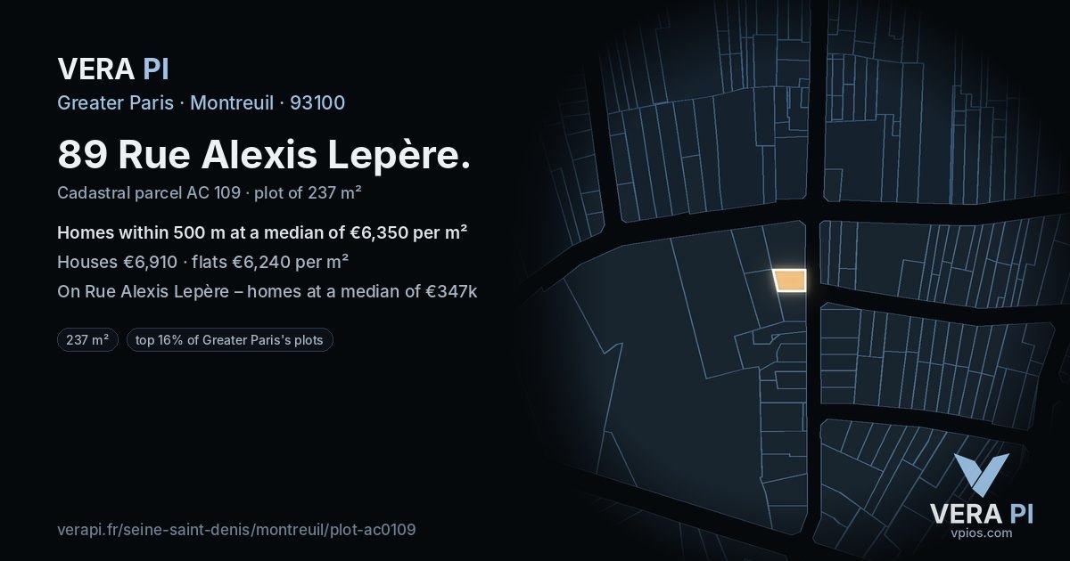 89 Rue Alexis Lepère, Montreuil at night – the plot lit, the parcels around coloured by the prices near them