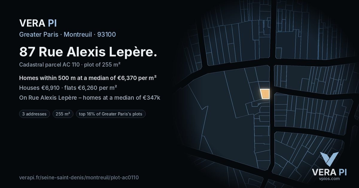 87 Rue Alexis Lepère, Montreuil at night – the plot lit, the parcels around coloured by the prices near them