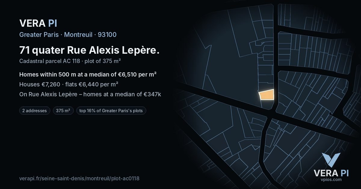 71 quater Rue Alexis Lepère, Montreuil at night – the plot lit, the parcels around coloured by the prices near them