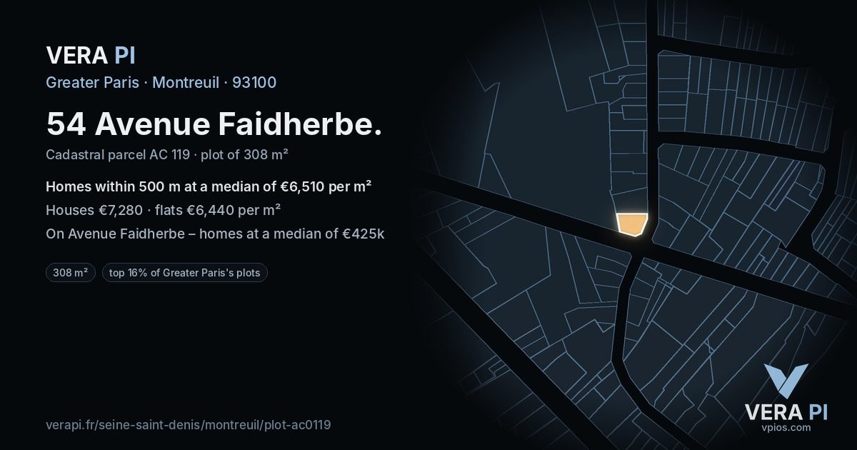 54 Avenue Faidherbe, Montreuil at night – the plot lit, the parcels around coloured by the prices near them