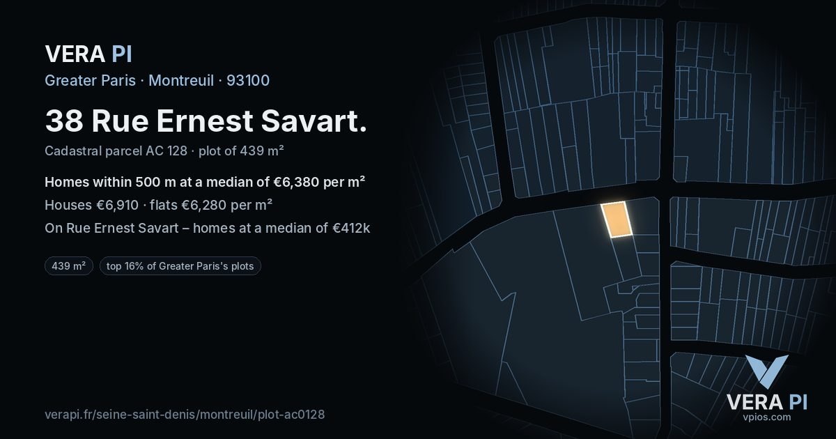 38 Rue Ernest Savart, Montreuil at night – the plot lit, the parcels around coloured by the prices near them