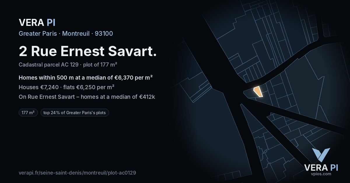2 Rue Ernest Savart, Montreuil at night – the plot lit, the parcels around coloured by the prices near them