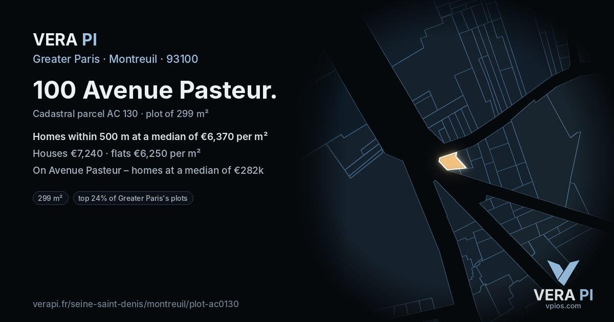 100 Avenue Pasteur, Montreuil at night – the plot lit, the parcels around coloured by the prices near them