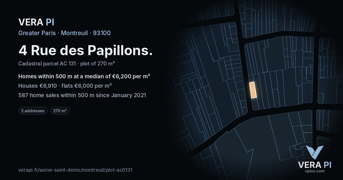4 Rue des Papillons, Montreuil at night – the plot lit, the parcels around coloured by the prices near them