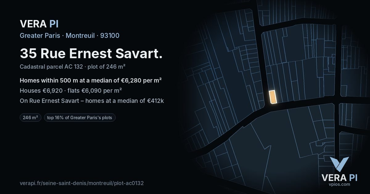 35 Rue Ernest Savart, Montreuil at night – the plot lit, the parcels around coloured by the prices near them