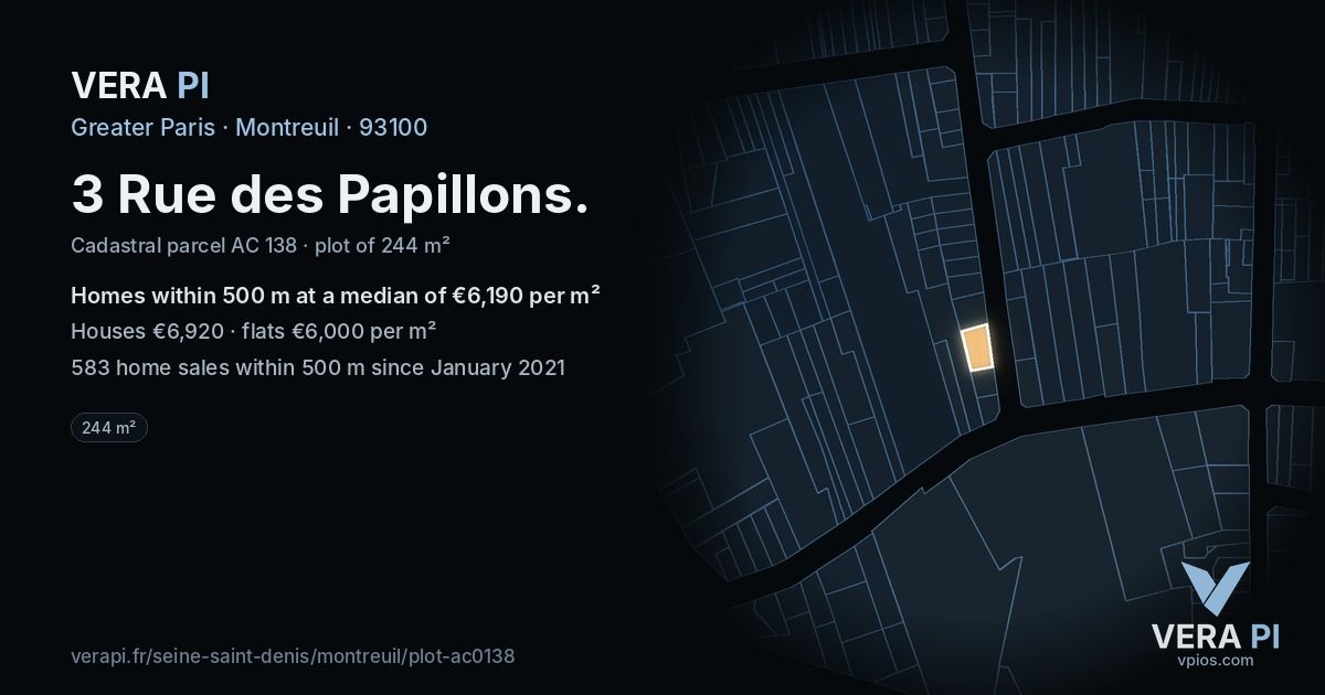 3 Rue des Papillons, Montreuil at night – the plot lit, the parcels around coloured by the prices near them
