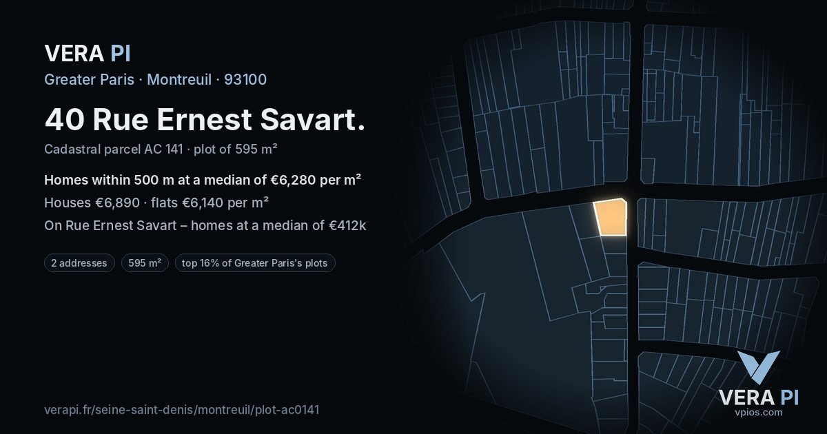 40 Rue Ernest Savart, Montreuil at night – the plot lit, the parcels around coloured by the prices near them