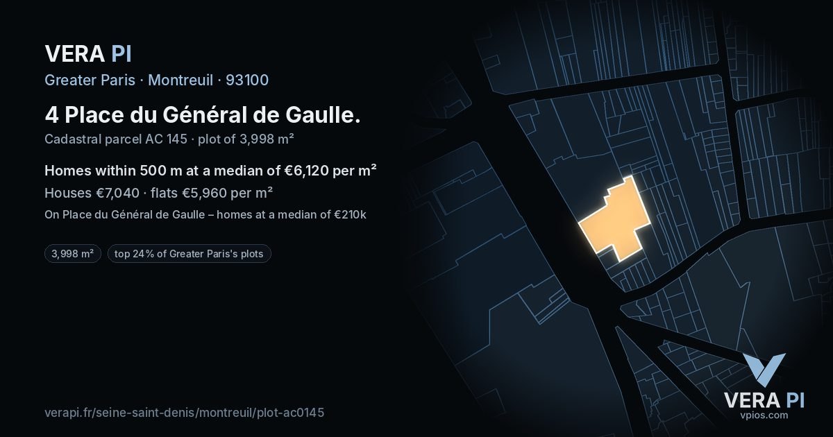 4 Place du Général de Gaulle, Montreuil at night – the plot lit, the parcels around coloured by the prices near them