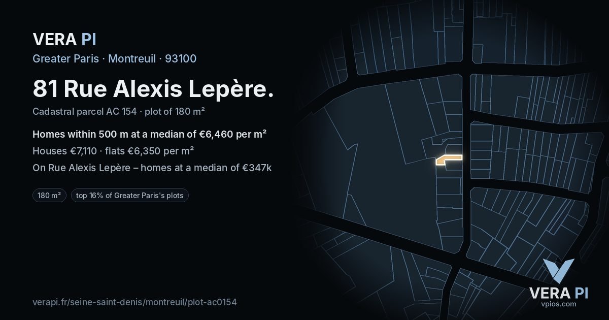 81 Rue Alexis Lepère, Montreuil at night – the plot lit, the parcels around coloured by the prices near them