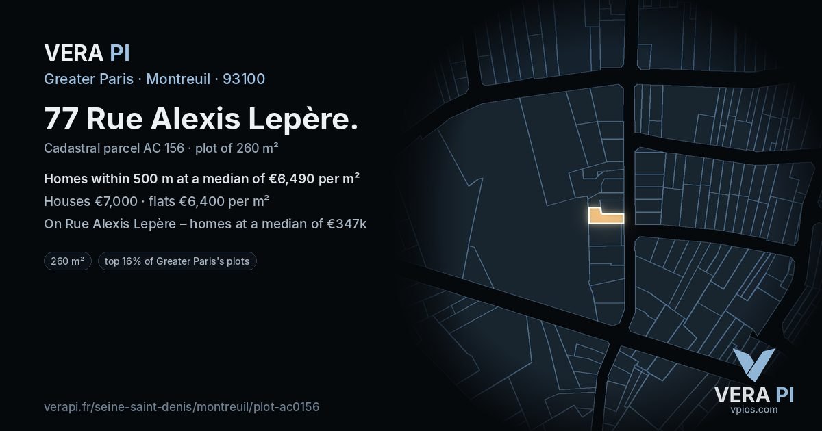 77 Rue Alexis Lepère, Montreuil at night – the plot lit, the parcels around coloured by the prices near them