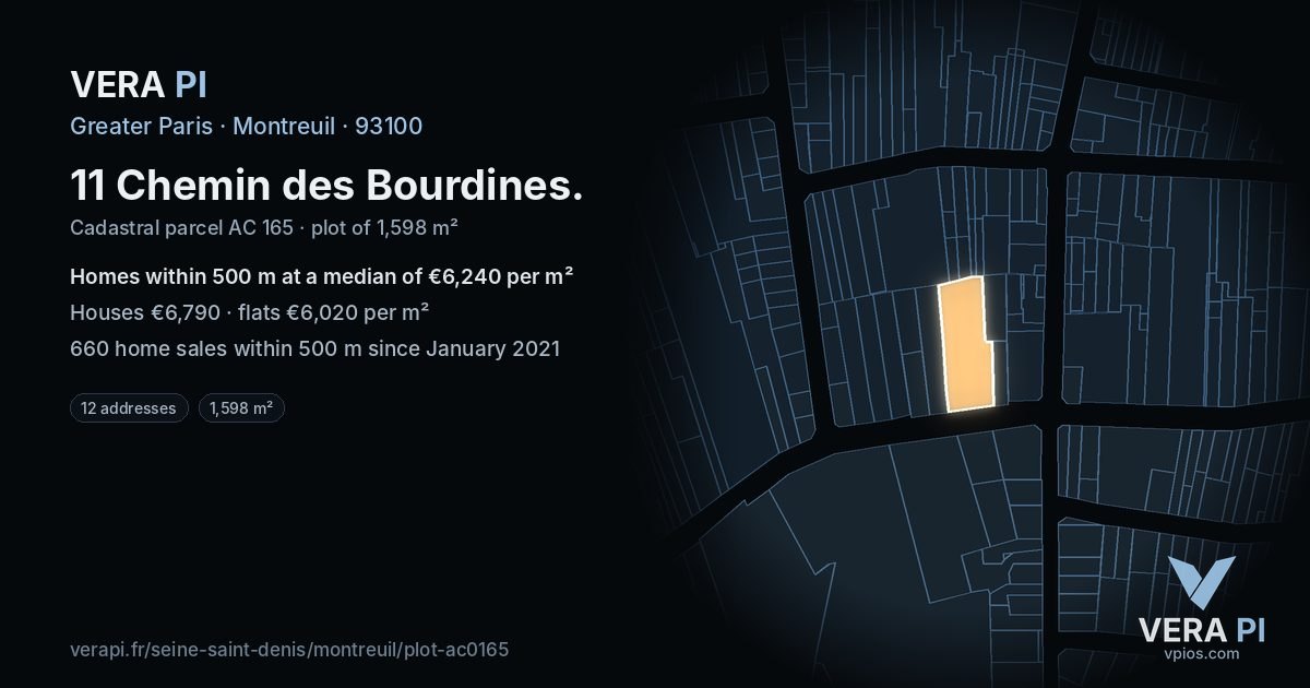 11 Chemin des Bourdines, Montreuil at night – the plot lit, the parcels around coloured by the prices near them
