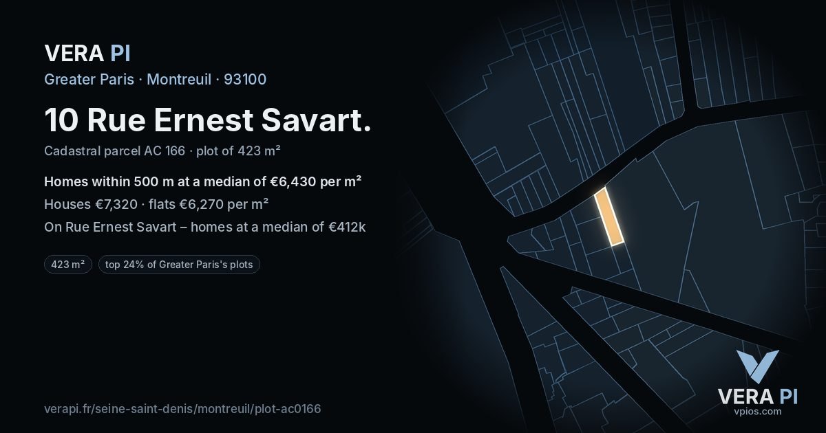 10 Rue Ernest Savart, Montreuil at night – the plot lit, the parcels around coloured by the prices near them
