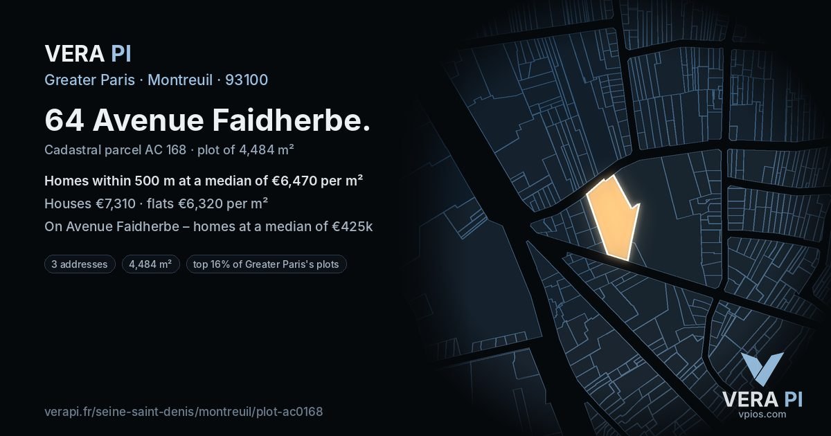 64 Avenue Faidherbe, Montreuil at night – the plot lit, the parcels around coloured by the prices near them