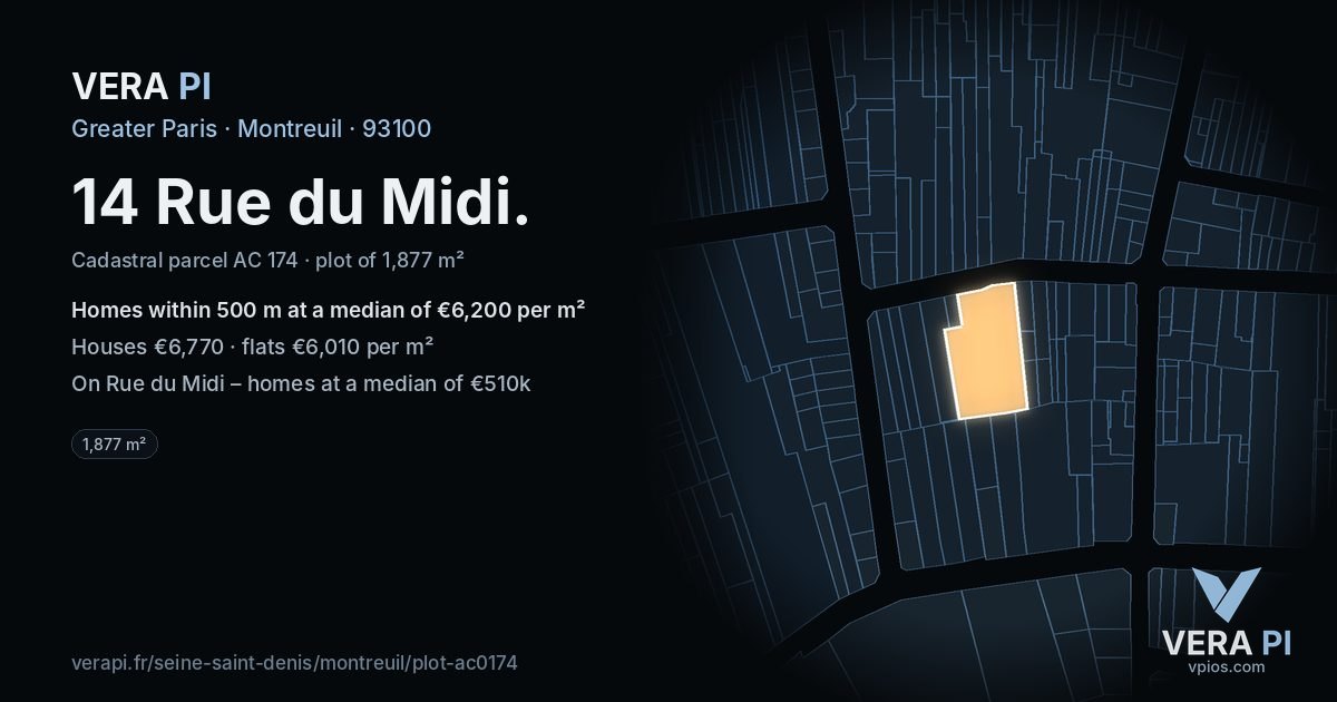 14 Rue du Midi, Montreuil at night – the plot lit, the parcels around coloured by the prices near them