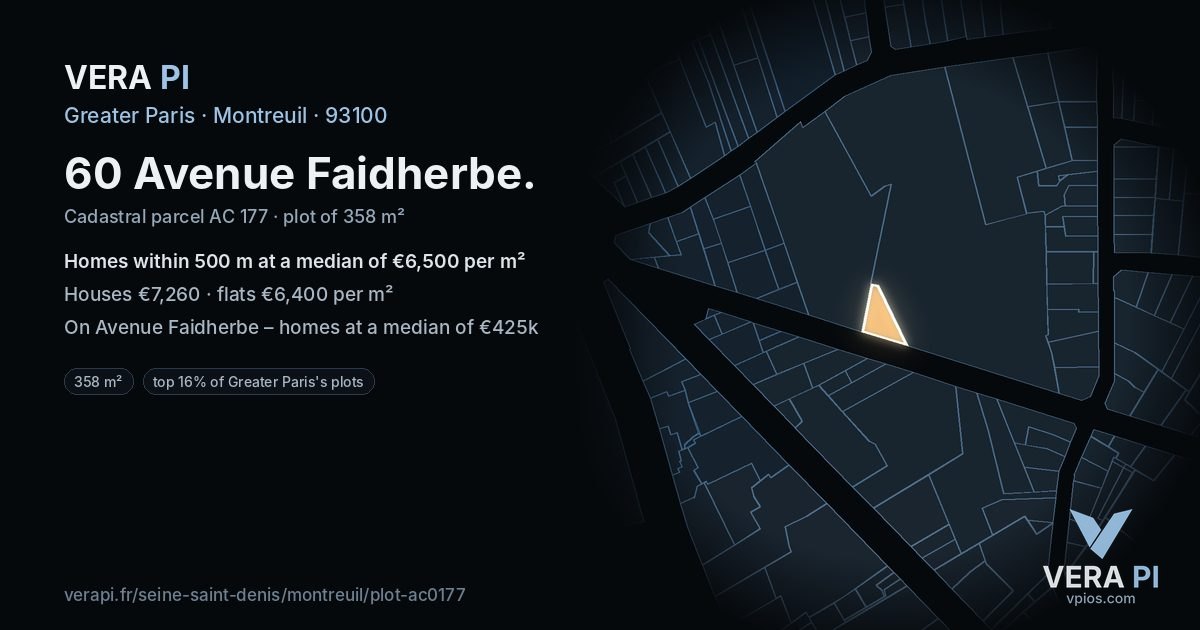 60 Avenue Faidherbe, Montreuil at night – the plot lit, the parcels around coloured by the prices near them