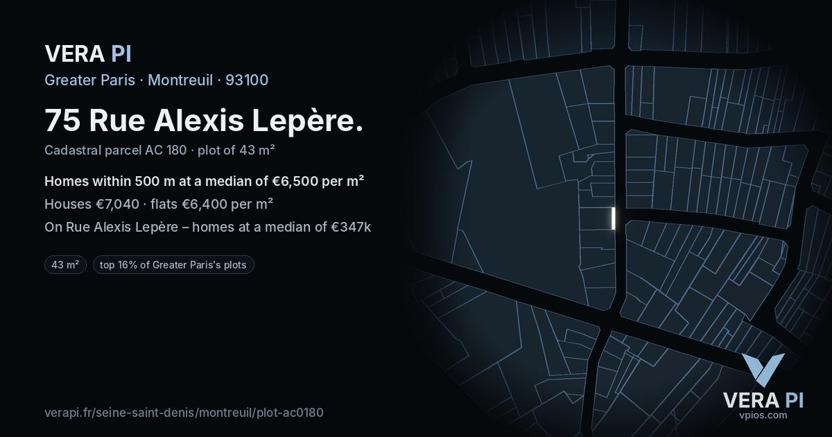 75 Rue Alexis Lepère, Montreuil at night – the plot lit, the parcels around coloured by the prices near them