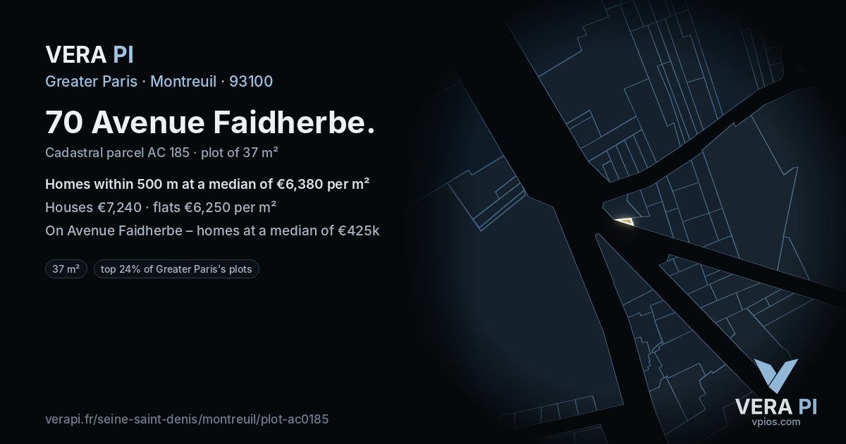 70 Avenue Faidherbe, Montreuil at night – the plot lit, the parcels around coloured by the prices near them