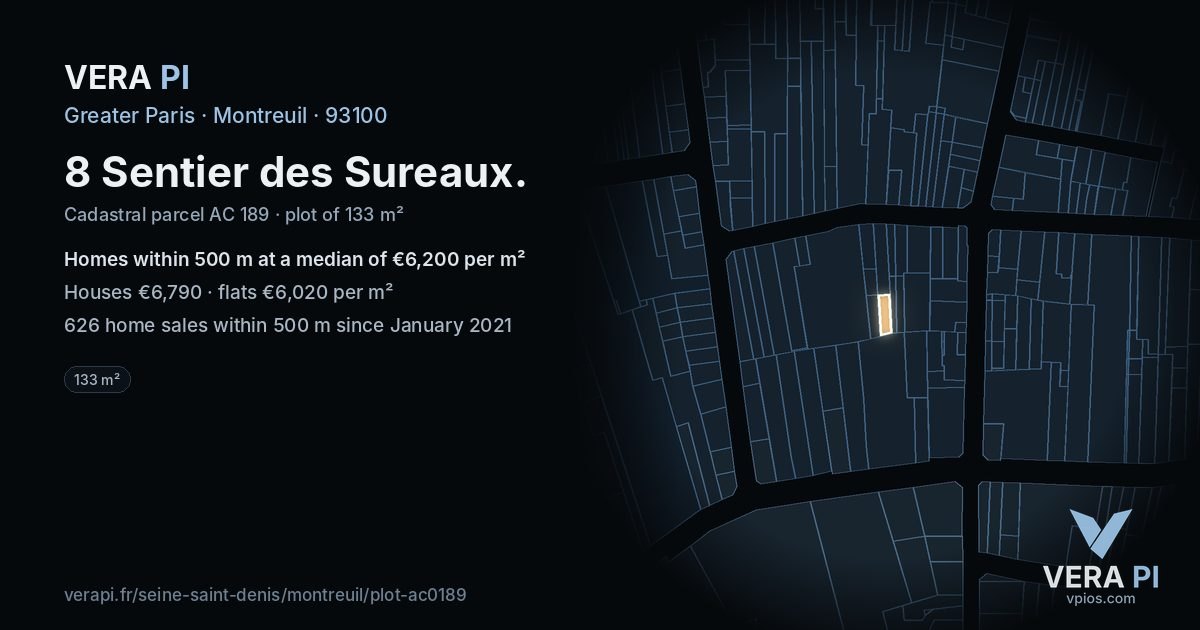 8 Sentier des Sureaux, Montreuil at night – the plot lit, the parcels around coloured by the prices near them