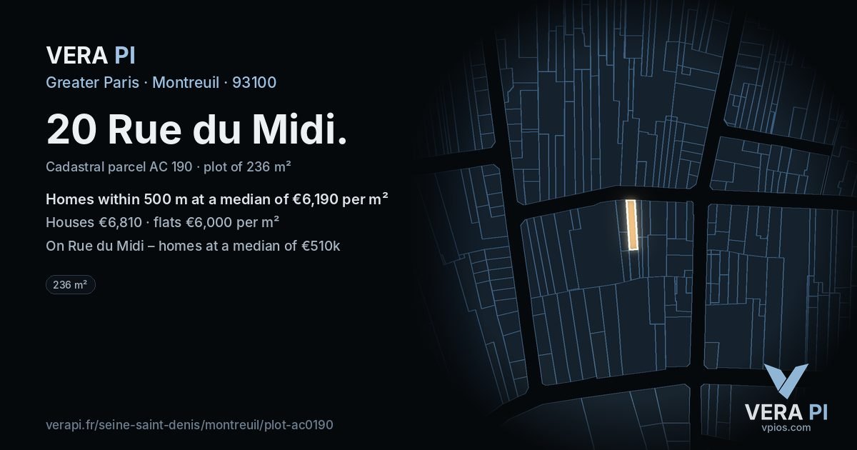 20 Rue du Midi, Montreuil at night – the plot lit, the parcels around coloured by the prices near them