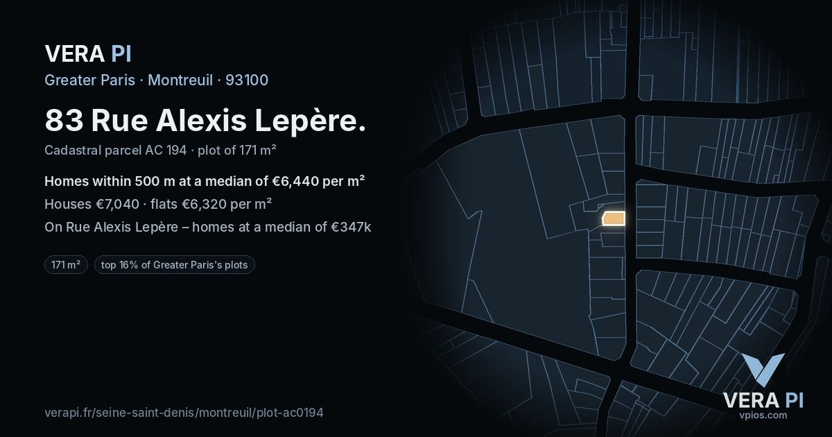 83 Rue Alexis Lepère, Montreuil at night – the plot lit, the parcels around coloured by the prices near them