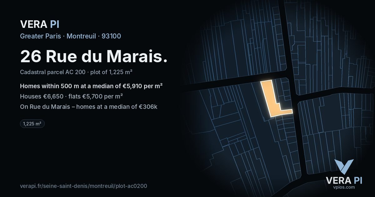26 Rue du Marais, Montreuil at night – the plot lit, the parcels around coloured by the prices near them