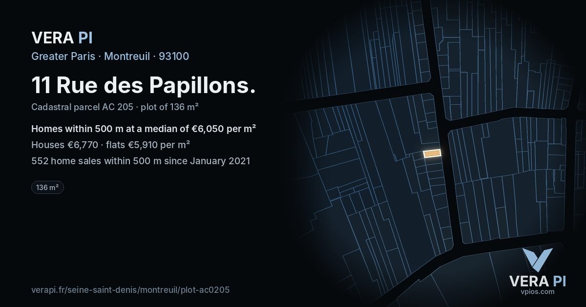 11 Rue des Papillons, Montreuil at night – the plot lit, the parcels around coloured by the prices near them
