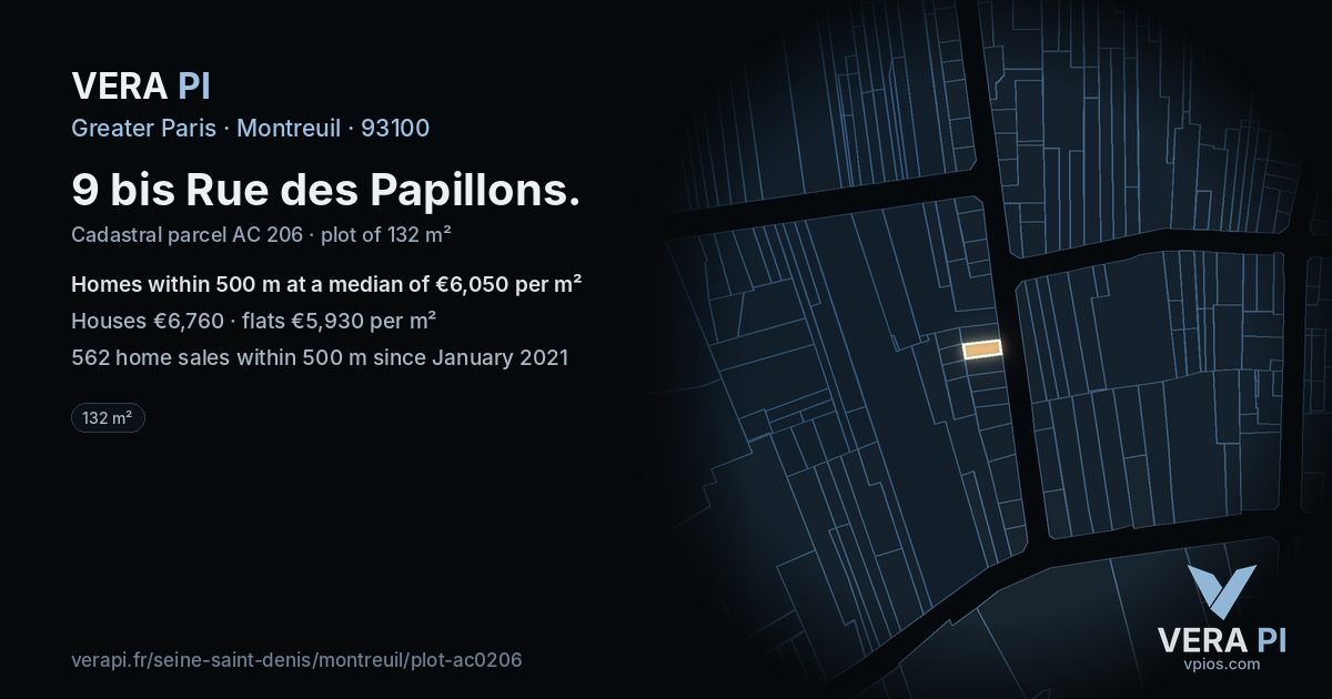 9 bis Rue des Papillons, Montreuil at night – the plot lit, the parcels around coloured by the prices near them