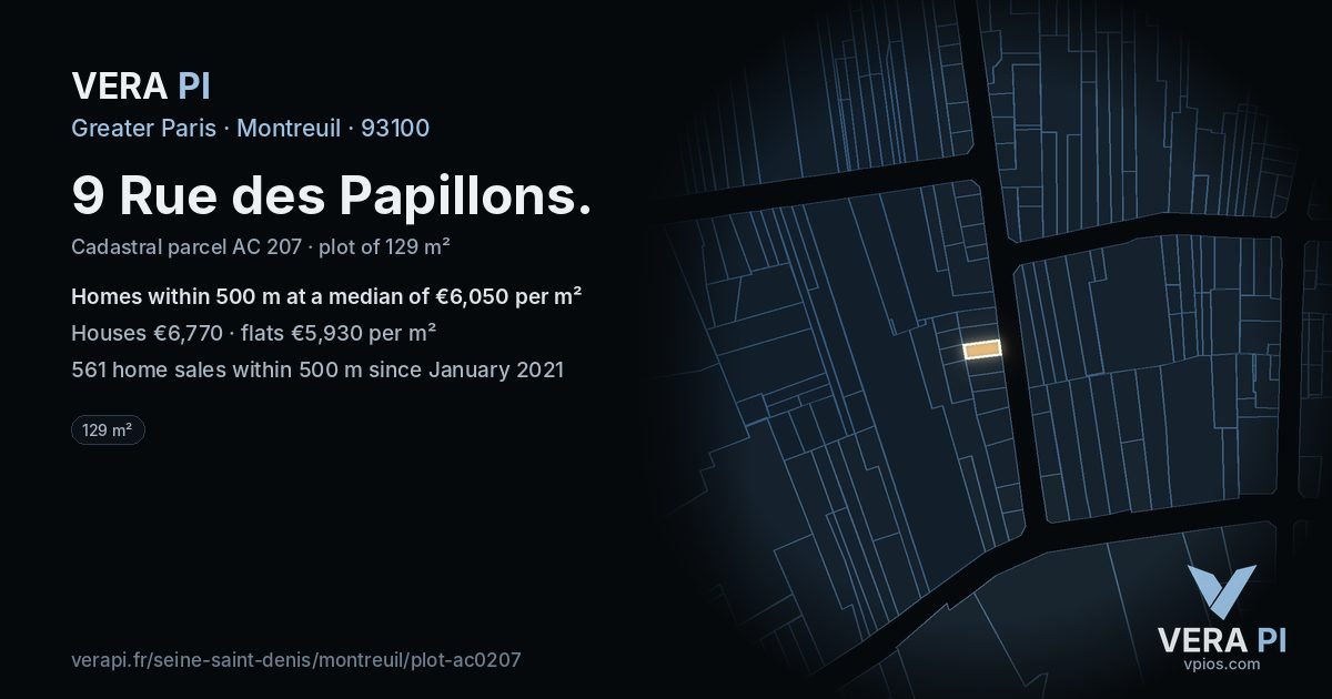 9 Rue des Papillons, Montreuil at night – the plot lit, the parcels around coloured by the prices near them
