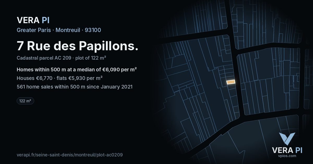 7 Rue des Papillons, Montreuil at night – the plot lit, the parcels around coloured by the prices near them