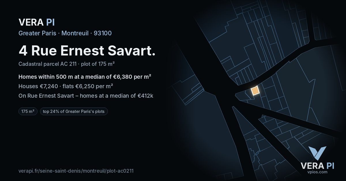 4 Rue Ernest Savart, Montreuil at night – the plot lit, the parcels around coloured by the prices near them