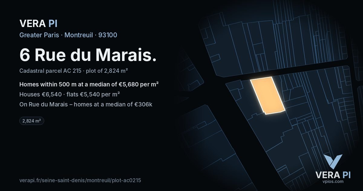 6 Rue du Marais, Montreuil at night – the plot lit, the parcels around coloured by the prices near them