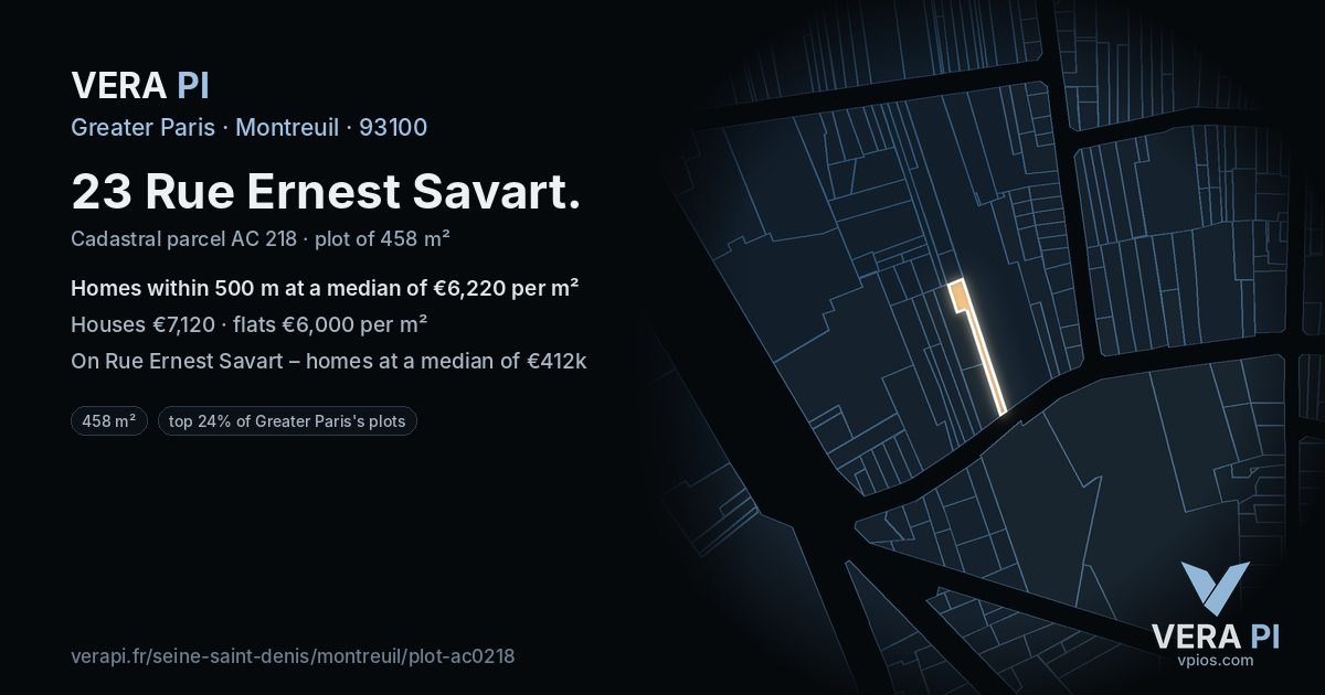 23 Rue Ernest Savart, Montreuil at night – the plot lit, the parcels around coloured by the prices near them